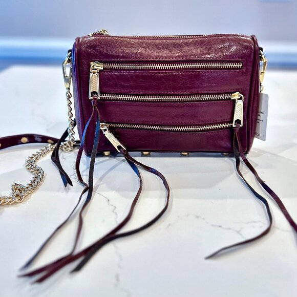 Rebecca Minkoff Burgundy Leather Crossbody Bag with Gold Chain Accented Strap - Picture 1 of 12